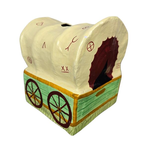 CLAY ART Covered Wagon Hand Painted Papier Mache Tissue Dispenser Box Cover - Picture 1 of 15